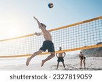 Man, jump and volleyball in air on beach by net in sports match, game or competition. Body of male person jumping for ball in volley or spike in healthy fitness, energy or exercise by the ocean coast