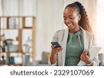 Small photo of Happy black woman, phone and communication at office with smile in networking or social media. African female person or employee enjoying online browsing or chat on mobile smartphone app at workplace