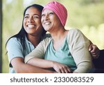 Small photo of Love, bonding and woman with her mom with cancer hugging, sitting and spending time together. Happy, sweet and sick mature female person embracing her adult daughter with a smile in outdoor garden.