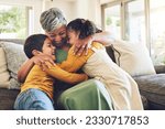 Small photo of Hug, grandma or happy kids on a sofa with love enjoying quality bonding time together in family home. Smile, affection or senior grandmother relaxing with young children siblings on house couch