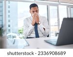 Small photo of Sick, allergy and blowing nose with business man in office for flu illness, hayfever and sneeze. Allergies, virus and sinus with employee and sneezing with tissue for influenza, cold and healthcare