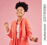 Small photo of Smile, dancing and portrait of a woman in a studio with music, playlist or album for celebration. Happiness, excited and young African female model moving to a song isolated by a pink background.