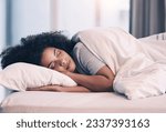 Small photo of Sleeping, woman and bed with nap at home in morning with rest feeling calm with peace. House, bedroom and tired female person relax and comfortable on a pillow with blanket dreaming over the weekend