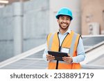 Small photo of Construction worker, tablet and portrait of man with research and digital data for solar panel installation. Happy, engineer and male contractor with eco and energy project with tech and online plan