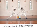 Small photo of Sword, sport and men fight in fencing training, exercise or workout in a hall. Martial arts, match and fencers or people with mask and costume for fitness, competition or stab target in swordplay