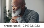 Small photo of Depression, sad and senior man at home with mourning and memory with mental health problem. Elderly male person, sorry and anxiety in a house feeling disappointed in retirement with grief and fail