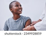 Small photo of Doctor hands, plaster and happy black woman, patient or client for HPV protection, hospital first aid or medical service. Pharmacy vaccine, arm wound or pharmacist helping African person with bandage