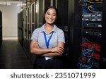 Small photo of Server room, portrait or happy woman technician for online cybersecurity update or machine system. IT support data center, smile or proud engineer fixing network for information technology solution