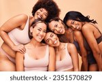 Small photo of Portrait, diversity and women with beauty, wellness and body positivity on a beige studio background. Models, friends or group with self love, inclusion and support with skincare, aesthetic and smile