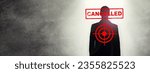 Small photo of Cancel culture, overlay and target on silhouette of man for bias, political controversy or criticism. Mockup space, banner and cancelled person with bullseye for problem, mistake and error in society