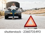 Small photo of Car problem, stop sign or driver on a phone call frustrated by engine crisis or accident on road or street. Transport fail, stress or angry black woman talking by a stuck motor vehicle in emergency