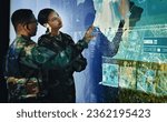 Small photo of Control room, military and planning by soldier team on surveillance together at night for communication. Technology, global and teamwork by security with success on satellite map in army office