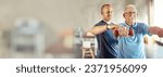 Small photo of Fitness banner, weights or physiotherapist with senior man for arm exercise or body workout in recovery. Physical therapy, rehabilitation mockup space or mature client training with dumbbell or coach