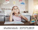 Child, thinking and homework with light bulb for learning math, numbers and creative ideas or solution at home. Girl or kid with school book and education doodle, brainstorming or imagination overlay