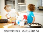 Small photo of Brother, baking and flour with children fighting in the kitchen while making a mess of their home together. Cooking, recipe and ingredients with boy kids arguing about instructions in a house