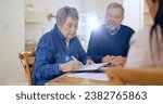 Small photo of Will, paper or old couple with contract to sign application or writing on document for life insurance. Senior people, lawyer or client signature for legal form compliance or title deed agreement