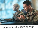 Small photo of Asian man, army and tablet in surveillance, control room or checking data for military intelligence. Male person, security or soldier working on technology for online dispatch or networking at base