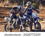 Small photo of Sport, teamwork or racer on motorcycle outdoor on dirt road with support in driving, challenge or competition. Motocross, motorbike or dirtbike driver and helmet on offroad course or path for racing