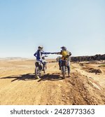 Small photo of Sport, teamwork or people on motorcycle outdoor on dirt road before racing, challenge or competition on mockup. Motocross, dirtbike driver and fist bump with helmet on offroad course for performance