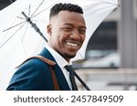 Black man  smile and umbrella...