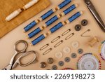 Small photo of tailoring tools and accessories on table. tailor's tools, tailor's items, tailoring items.