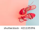 Summer Sandals on pastel backgrounds. Fashion style Minimalism Set. Flat lay, Top view. 