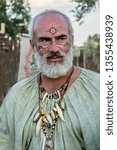 Small photo of Bacau, Romania - July 8, 2017: Romanian actor in the role of dacian high priest Deceneus during ancient festival "Tamasidava".