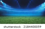 3D Illustration. Digital Football stadium view illuminated by blue spotlights and empty green grass field. Sport theme digital 3D background advertisement illustration design template