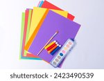 Small photo of DRAWING SHEETS OF COLORS, TEMPERA, BRUSH AND WATERCOLORS ON WHITE BACKGROUND