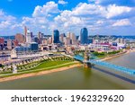 Cincinnati Ohio skyline with John Roebling bridge aerial view
