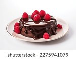 a chocolate cake with raspberries on a plate