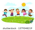 group of happy kids jumping on... | Shutterstock .eps vector #1379348219