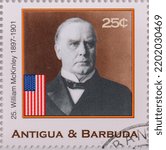 Small photo of William McKinley The 25th President of the United States (1897-1901), on Antigua postage stamps. Antigua 2018. Bangkok-Thailand, 22 August, 2022