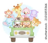 cute animals in a green car.... | Shutterstock .eps vector #2101855366