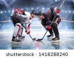 Hockey players starts game. around Ice rink arena 