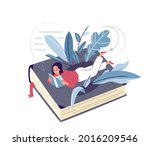 young woman lying on the book... | Shutterstock .eps vector #2016209546