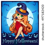 cute cartoon witch in anime ... | Shutterstock .eps vector #497182420