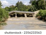 Small photo of Flood damaged bridge, broken bridge, collapsed bridge, Slovenia floods