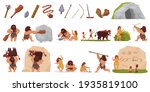Primitive people hunt vector illustration set. Cartoon primeval wild caveman character hunting with stick club bow spear, woman cooking food, prehistoric stone age life scenes isolated on white
