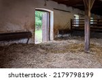 Small photo of Interior of stable in horse breeding in Florianka, Zwierzyniec, Roztocze, Poland. Clean hay lying down on the floor. Drinker and stalls for horses . A run for horses in the background