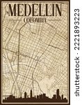 Brown vintage hand-drawn printout streets network map of the downtown MEDELLIN, COLOMBIA with highlighted city skyline and lettering