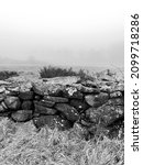 Small photo of Liken on a stone wall with foggy landscape
