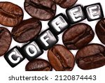Roasted coffee beans with the word cafe, cafeteria