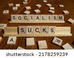 Small photo of Pittsburgh, Pennsylvania - July 13, 2022: SOCIALISM SUCKS is a common slogan used by young political conservatives to disavow progressive economic policies.
