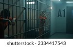 Small photo of One female prisoner in orange uniform stands behind metal bars, another sits on the bed in prison cell. Women serve imprisonment terms for crimes in jail. Depressed inmates in detention center.