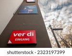 Small photo of DORTMUND, GERMANY - NOVEMBER 12, 2022: Selective blur on a Ver Di logo on their office in Dortmund. Ver.Di, or Vereinte Dienstleistungsgewerkschaft is a german trade union specialized in service.