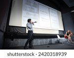 Small photo of BELGRADE, SERBIA - OCTOBER 26, 2023: Selective blur on Thomas Piketty talking before a lecture in belgrade, Serbia. Thomas Piketty is a French economist specialized in the studies of inequality.