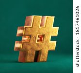 Small photo of Fortuna Gold Hashtag on Tidewater Green background. Trend color font type symbol. 3d render.