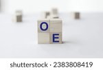 Small photo of Wooden Blocks with the blue text: OE. Equity and owner's equity, in the most general sense, equity is assets minus liabilities. Wood block with text.