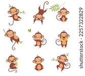 Cute Playful Monkey with Long Tail Hanging on Liana with Banana Vector Set